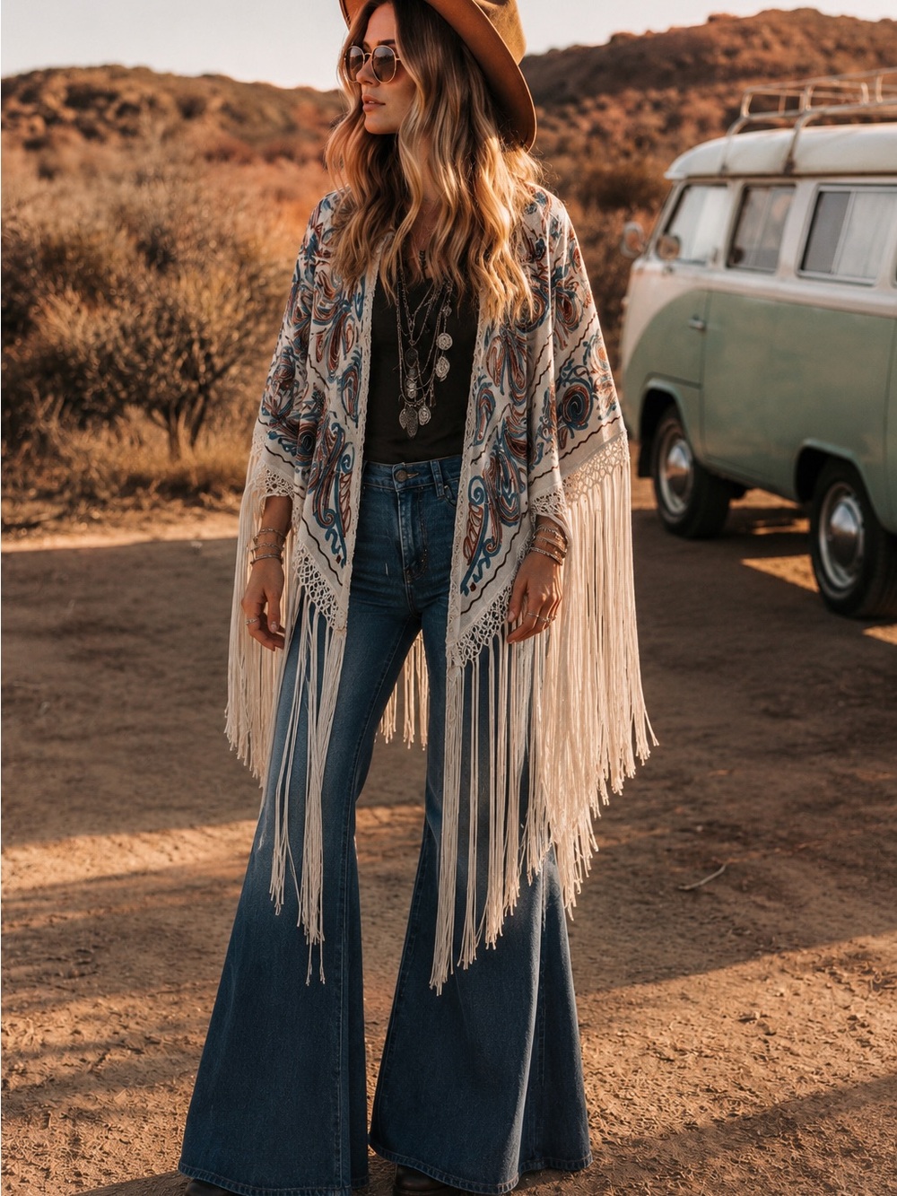 Idyllwind Embroidered Paisley Fringe Shawl in Ivory, Teal & Rust
